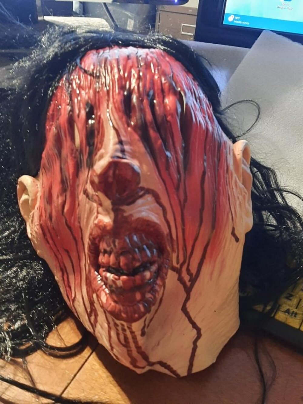NEW ! Creepy Full Head Latex Horror Mask Bloody Flesh Exposed Teet Long Blk Hair